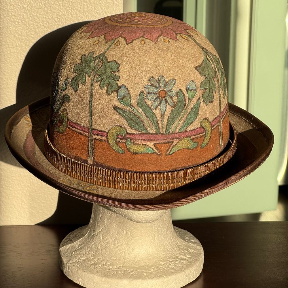 Rare OOAK Hand Painted Dorfman Pacific Bowler Hat Coachella Folk Art Boho Unisex